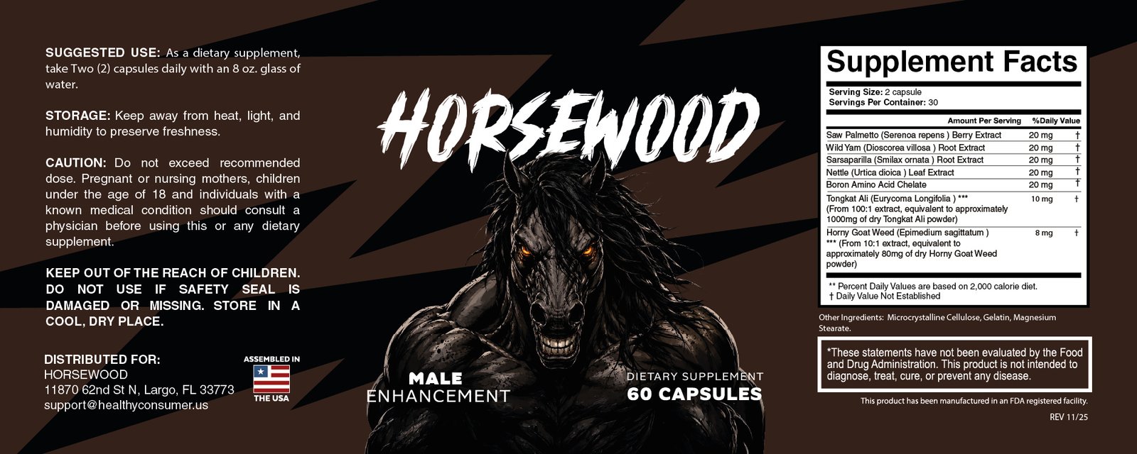 Horsewood Supplement Facts label showing ingredients and dosage